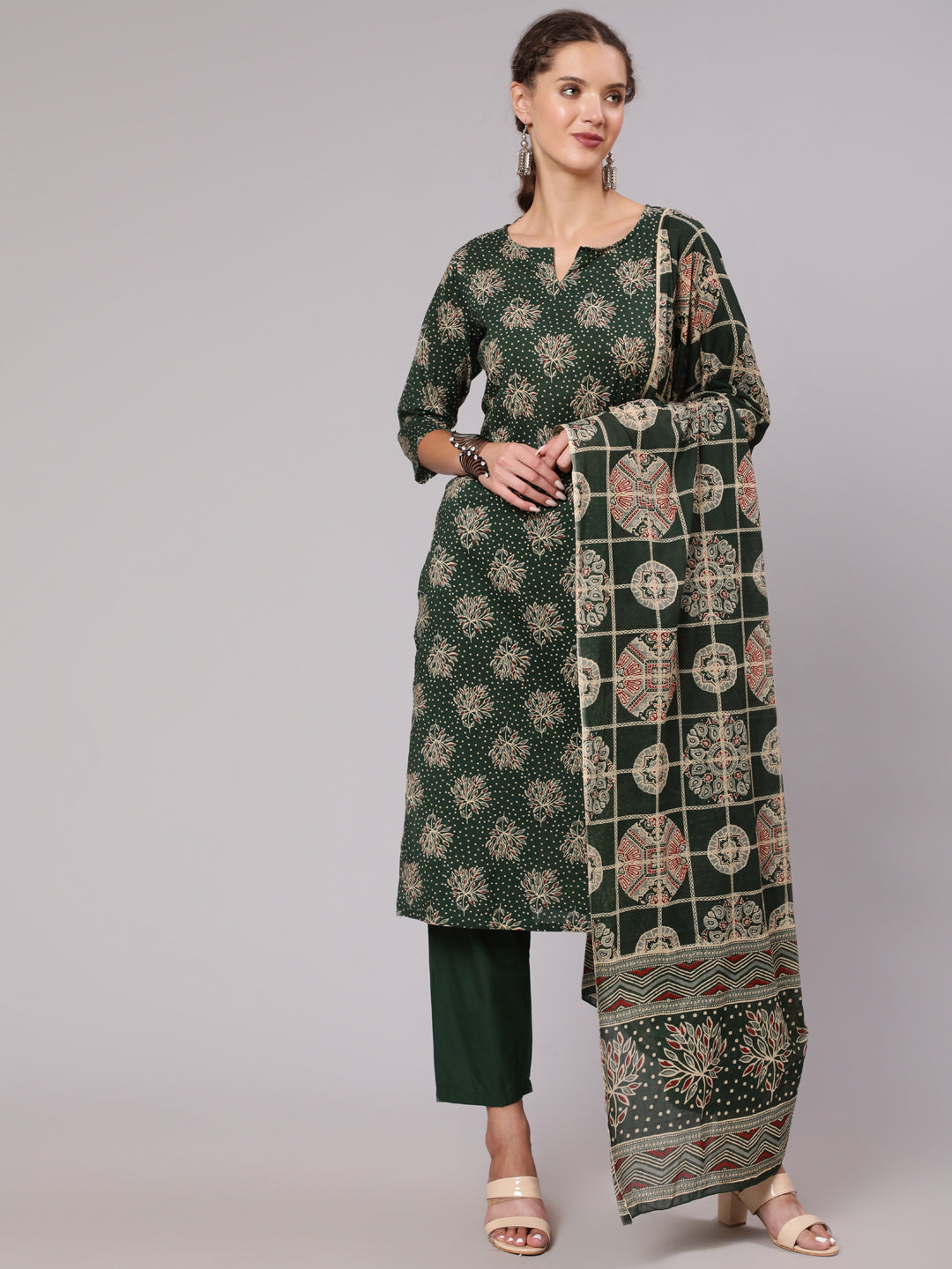 Green Ethnic Printed Kurta And Palazzo With Dupatta
