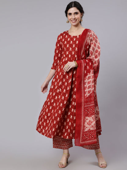 Rust Ethnic Printed Flared Kurta With Palazzo and Dupatta