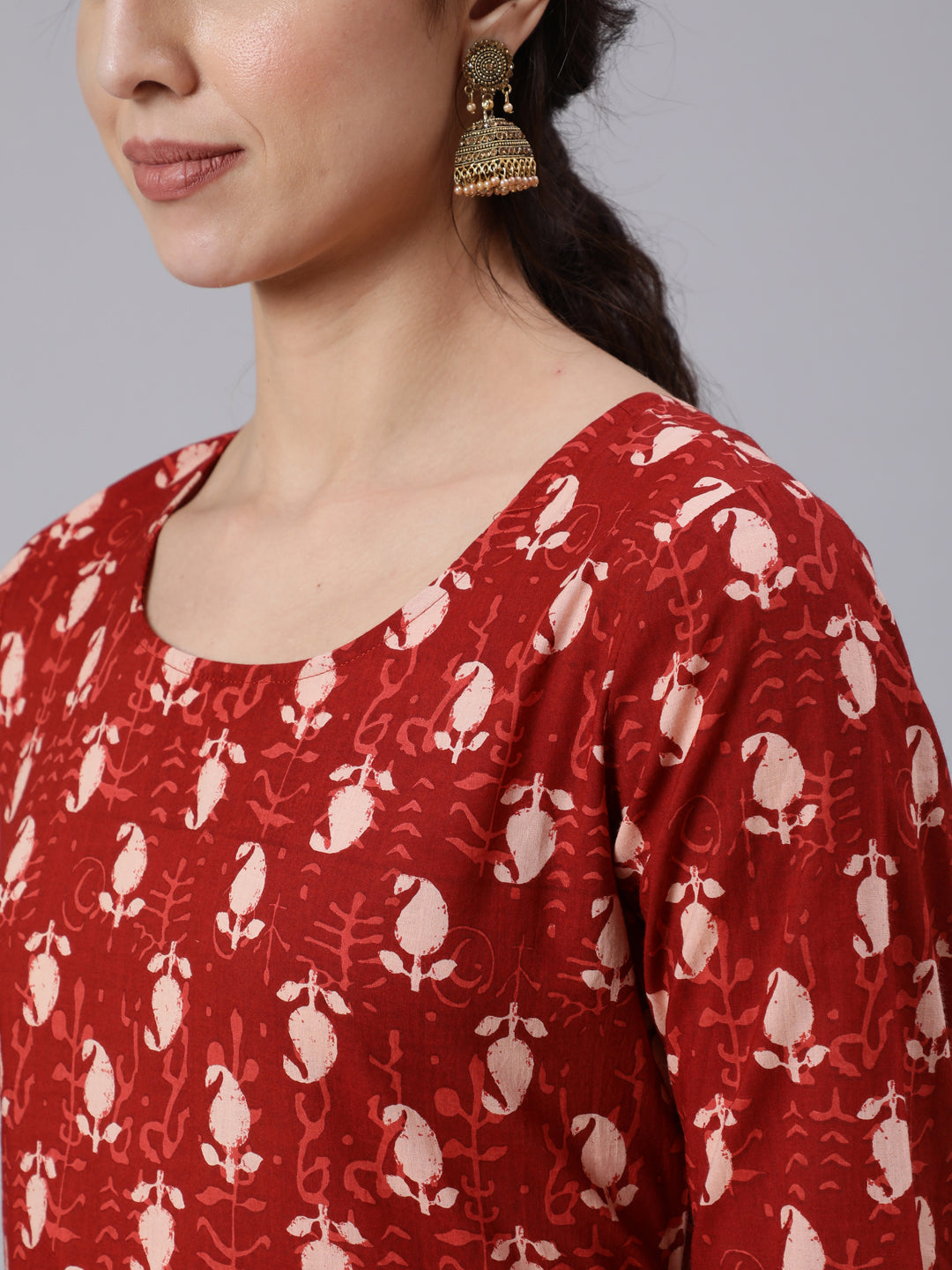Rust Ethnic Printed Flared Kurta With Palazzo and Dupatta