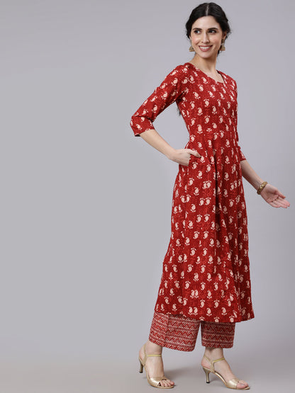 Rust Ethnic Printed Flared Kurta With Palazzo and Dupatta