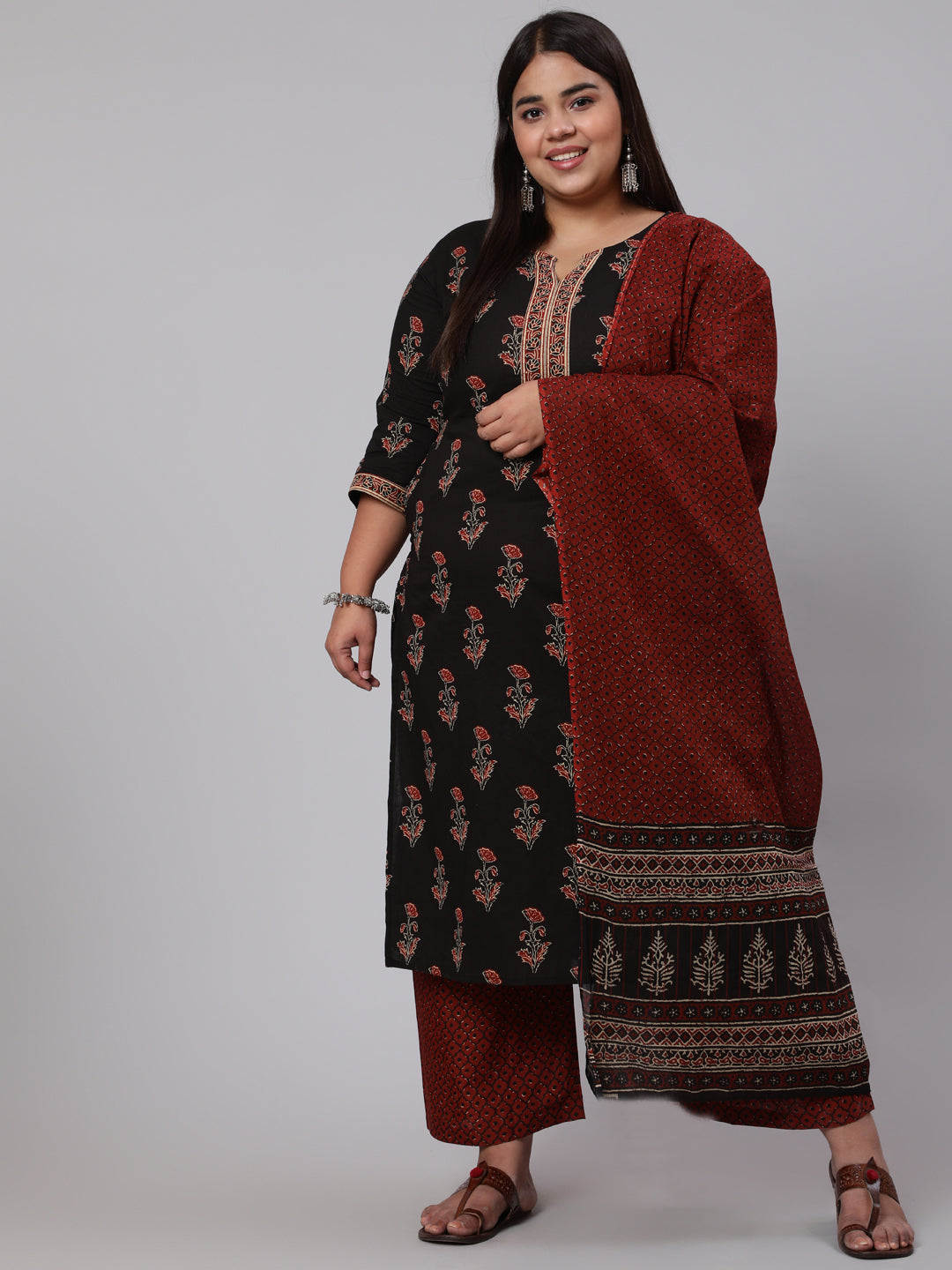 Plus Size Black Printed Straight Kurta With Palazzo &amp; Dupatta