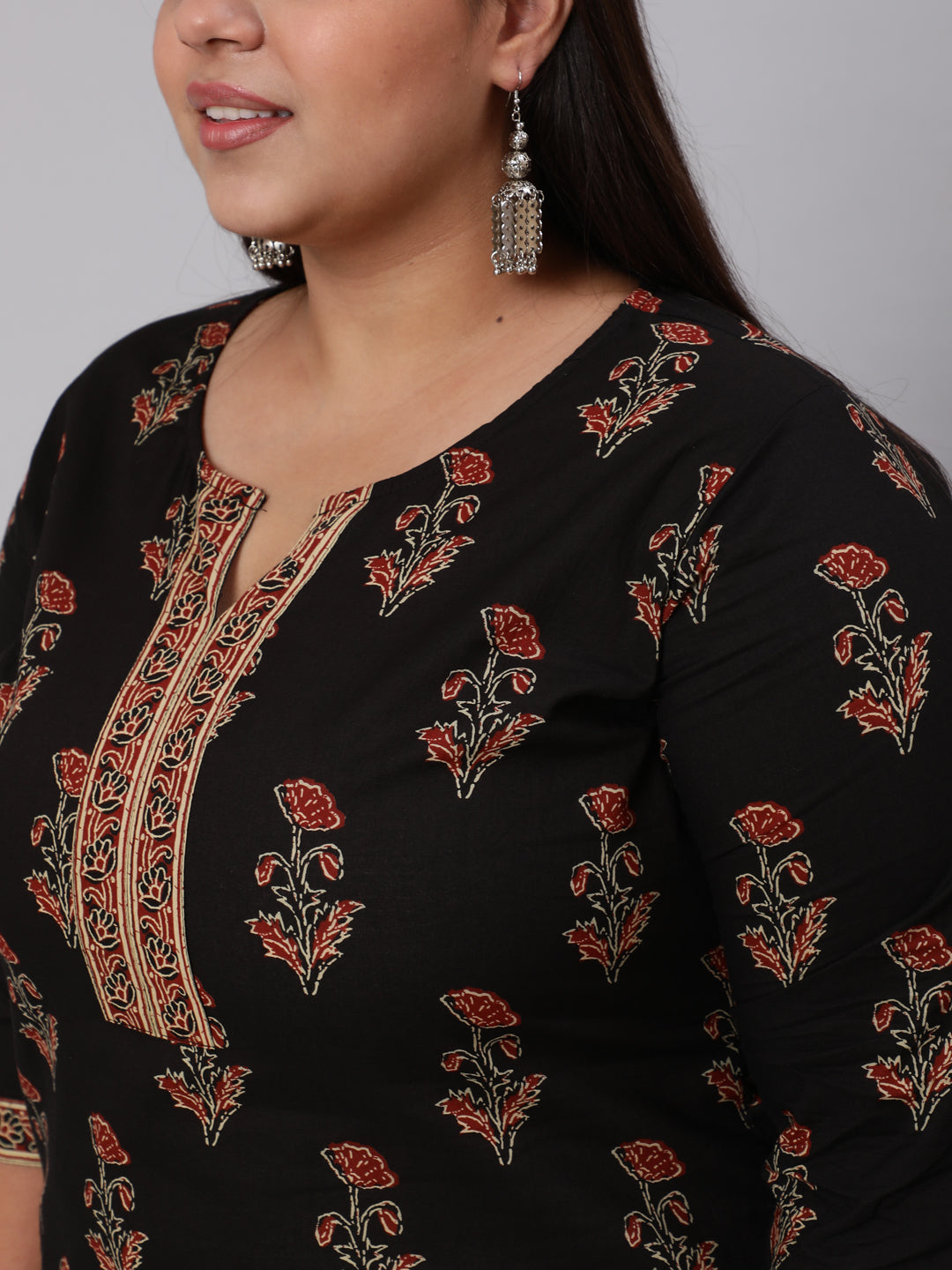 Plus Size Black Printed Straight Kurta With Palazzo & Dupatta