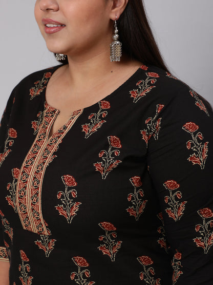 Plus Size Black Printed Straight Kurta With Palazzo & Dupatta