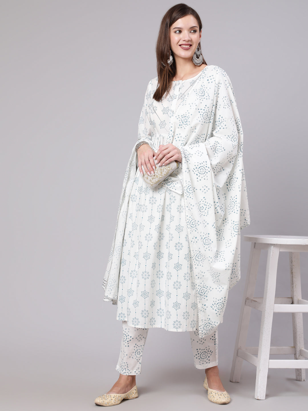 Off White Printed Kurta Set With Trouser & Dupatta