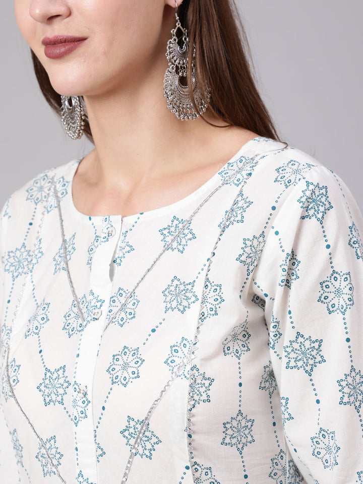 Off White Printed Kurta Set With Trouser &amp; Dupatta