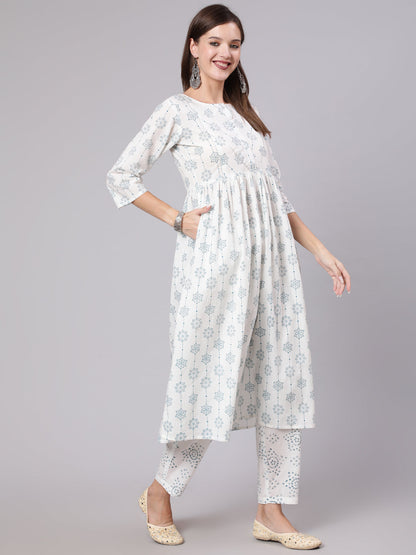 Off White Printed Kurta Set With Trouser & Dupatta