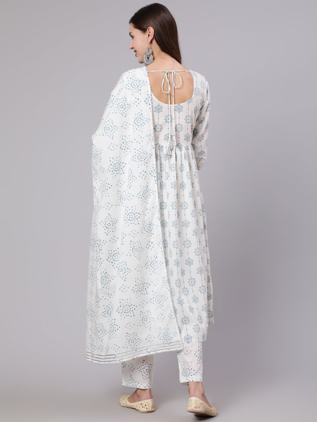 Off White Printed Kurta Set With Trouser & Dupatta