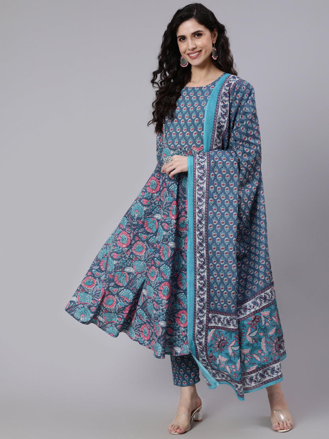Blue Printed Flared Kurta With Trouser &amp; Dupatta