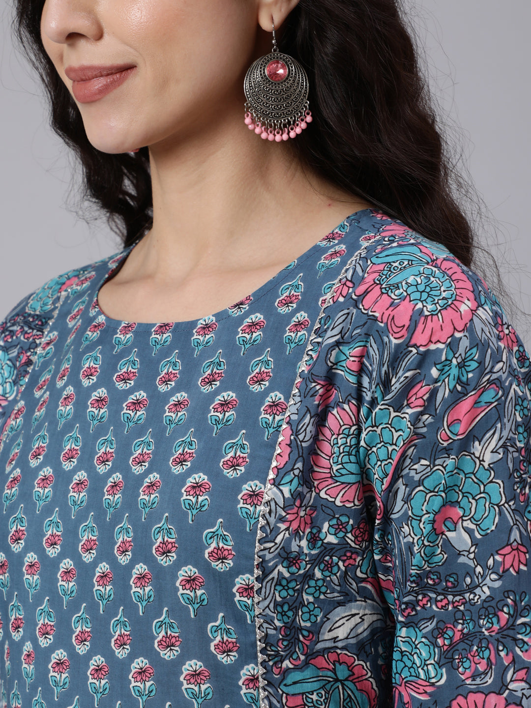 Blue Printed Flared Kurta With Trouser &amp; Dupatta