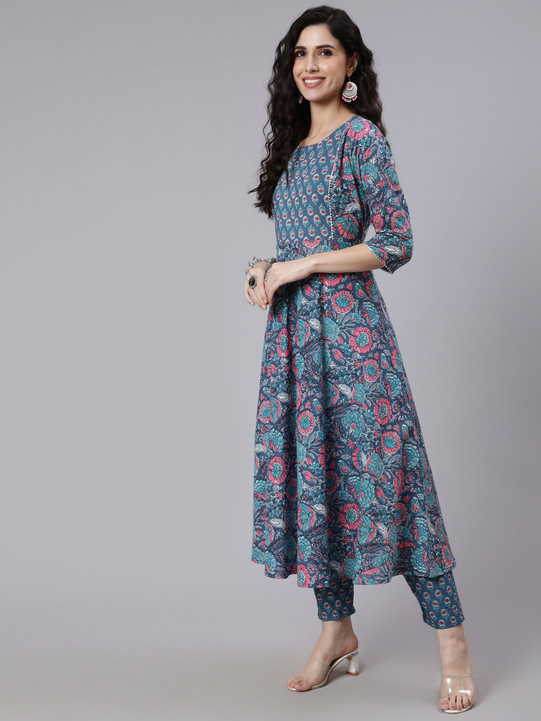 Blue Printed Flared Kurta With Trouser &amp; Dupatta