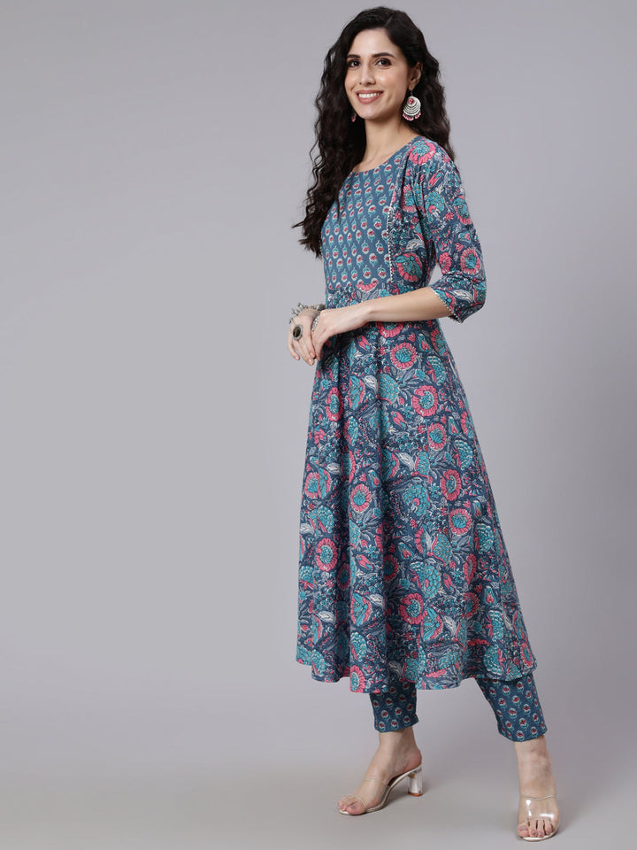 Blue Printed Flared Kurta With Trouser &amp; Dupatta