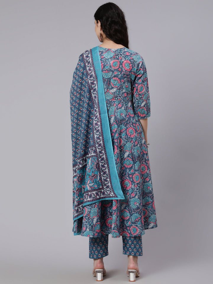 Blue Printed Flared Kurta With Trouser &amp; Dupatta