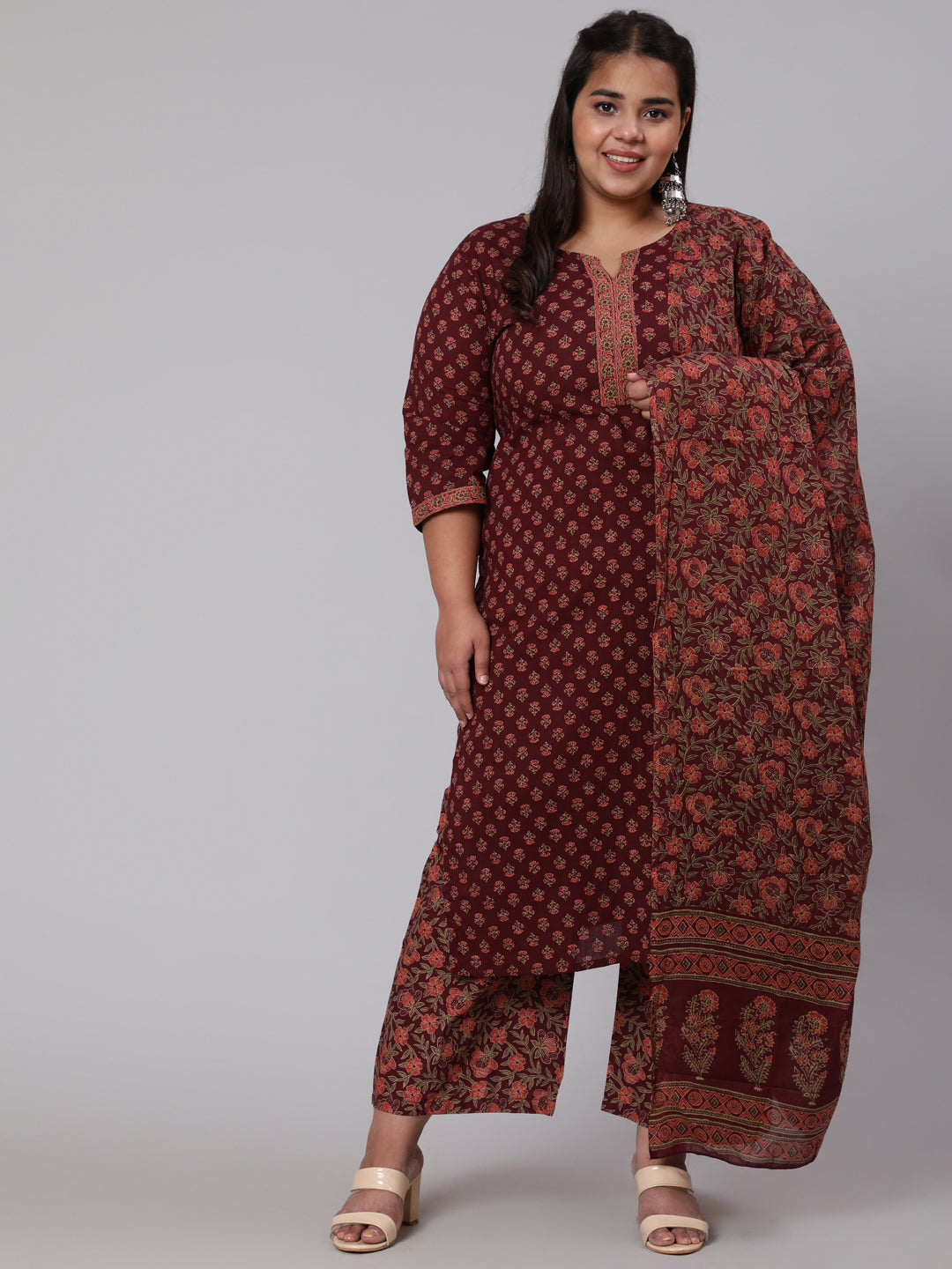 Plus Size Burgundy Printed Straight Kurta With Plazo & Dupatta