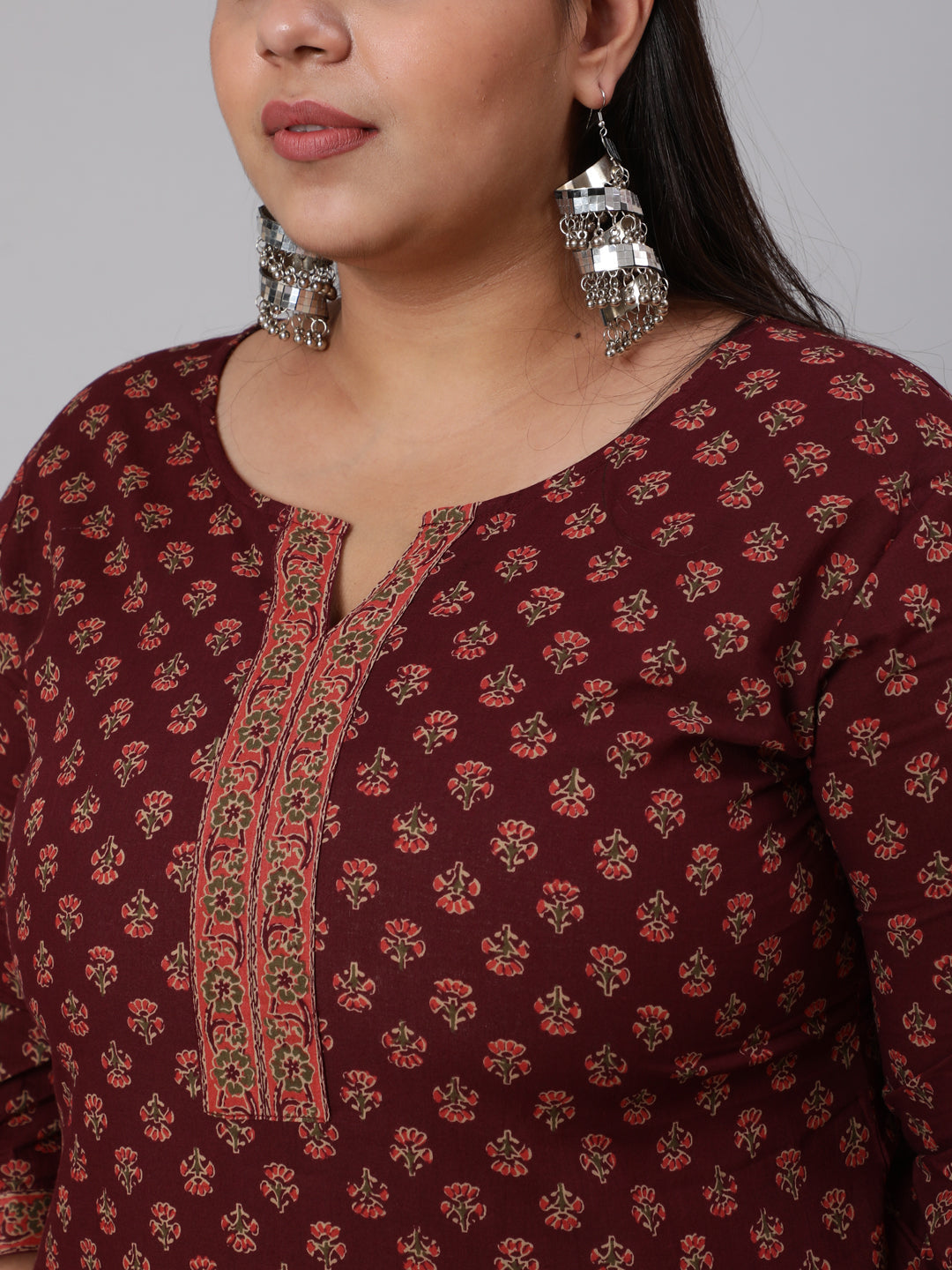 Plus Size Burgundy Printed Straight Kurta With Plazo & Dupatta