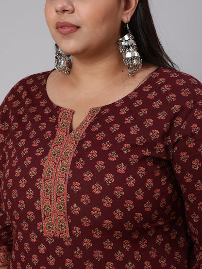 Plus Size Burgundy Printed Straight Kurta With Plazo & Dupatta