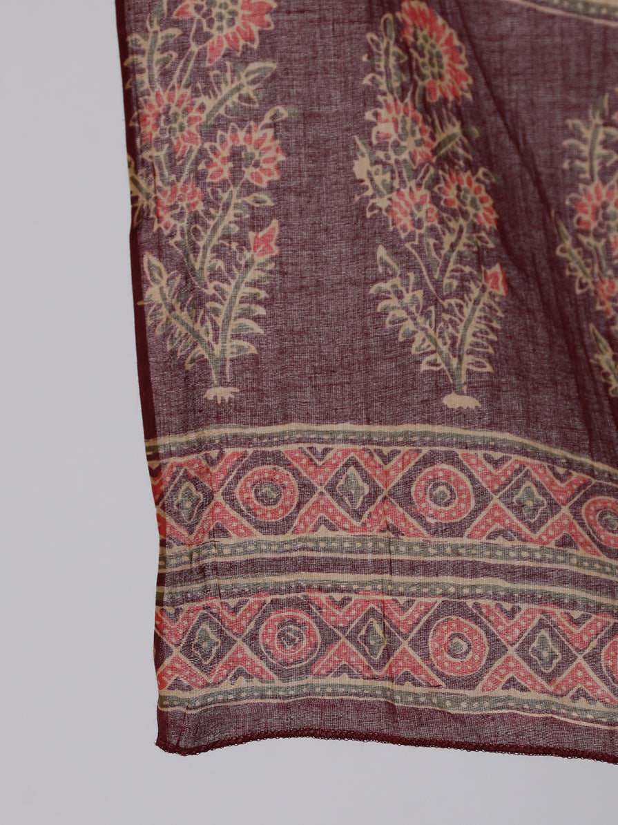 Plus Size Burgundy Printed Straight Kurta With Plazo & Dupatta