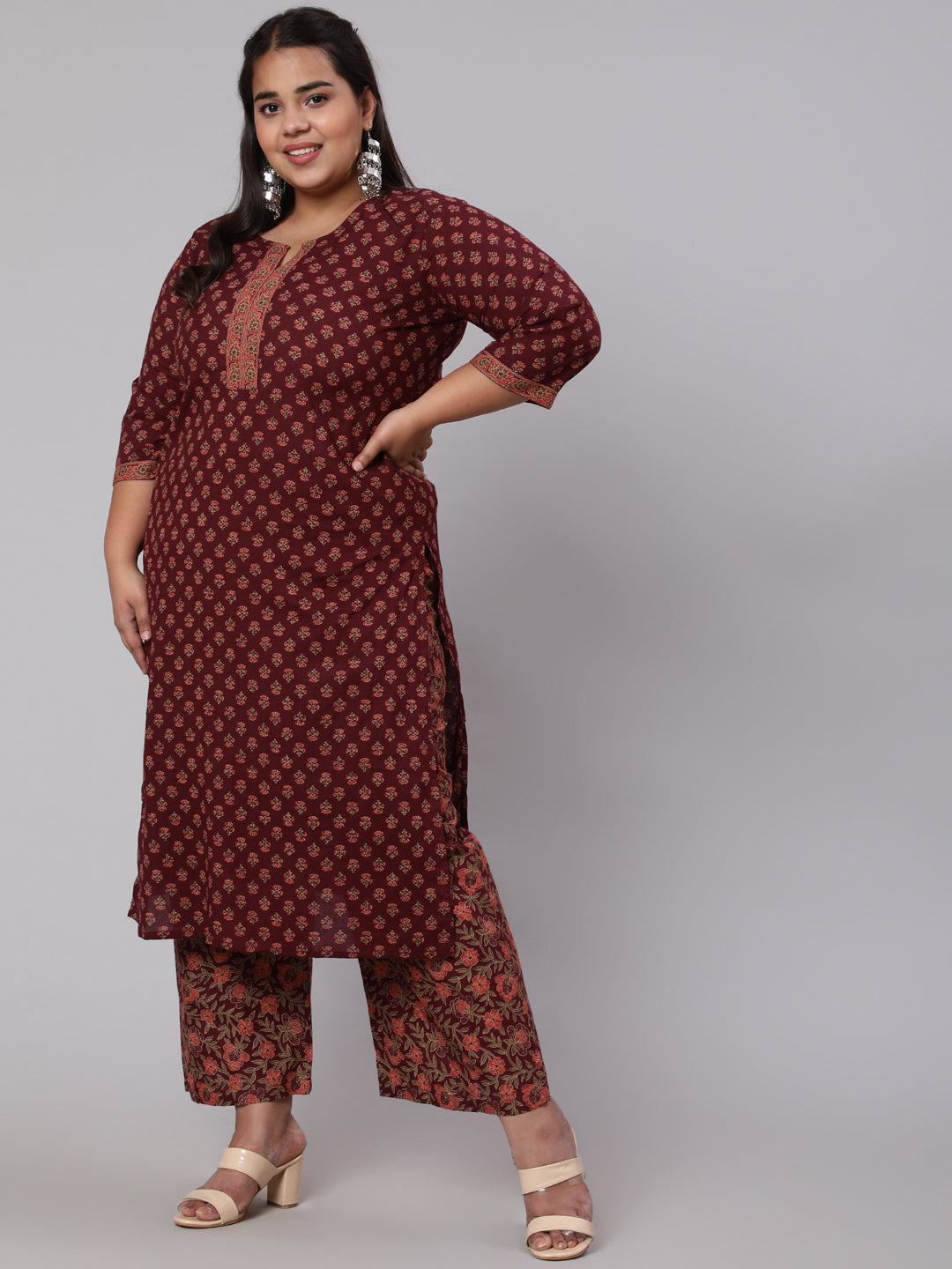 Plus Size Burgundy Printed Straight Kurta With Plazo & Dupatta