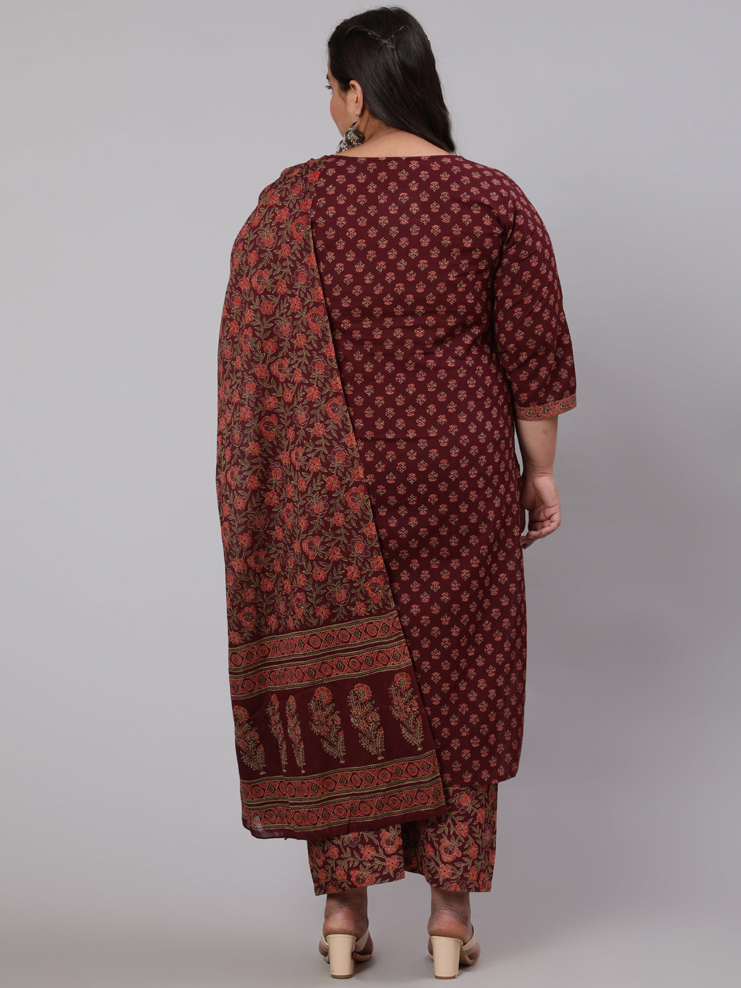 Plus Size Burgundy Printed Straight Kurta With Plazo &amp; Dupatta