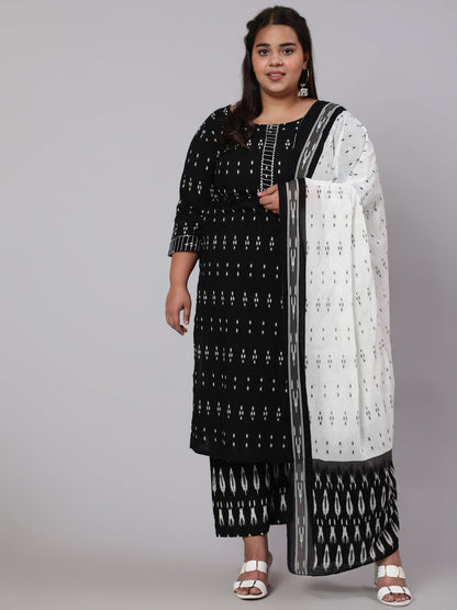 Plus Size Black Printed Straight Kurta With Plazo & Dupatta