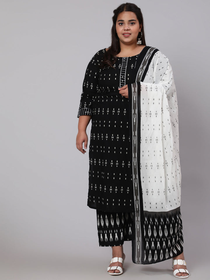 Plus Size Black Printed Straight Kurta With Plazo &amp; Dupatta