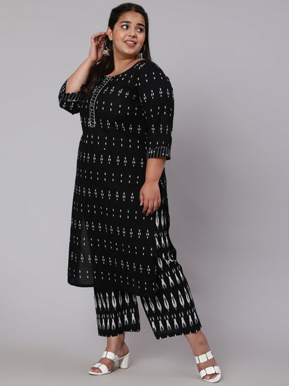 Plus Size Black Printed Straight Kurta With Plazo & Dupatta