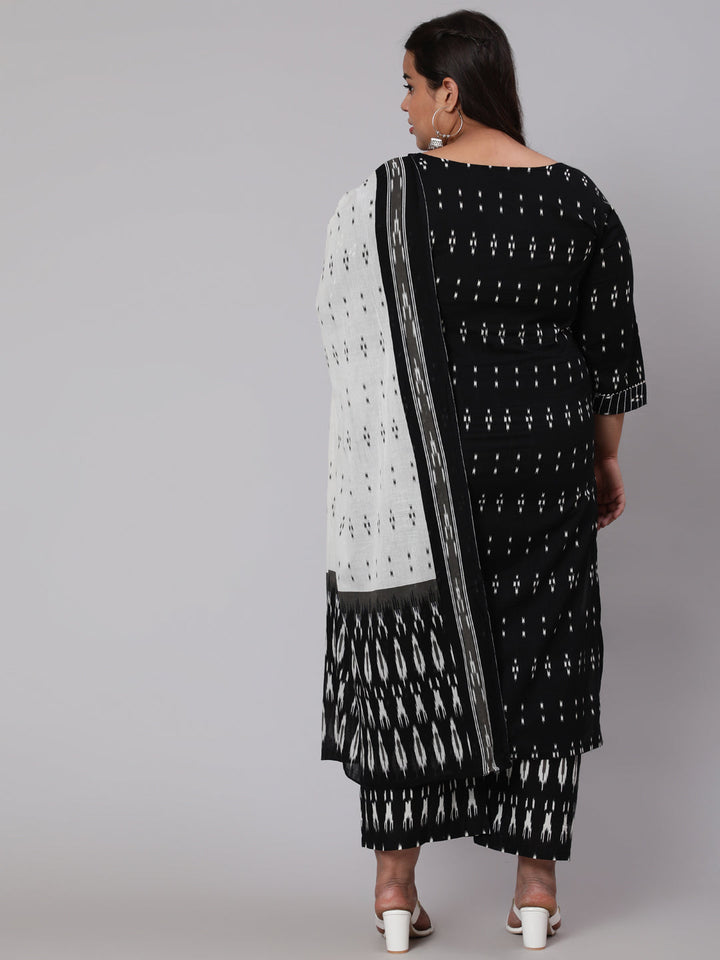 Plus Size Black Printed Straight Kurta With Plazo &amp; Dupatta