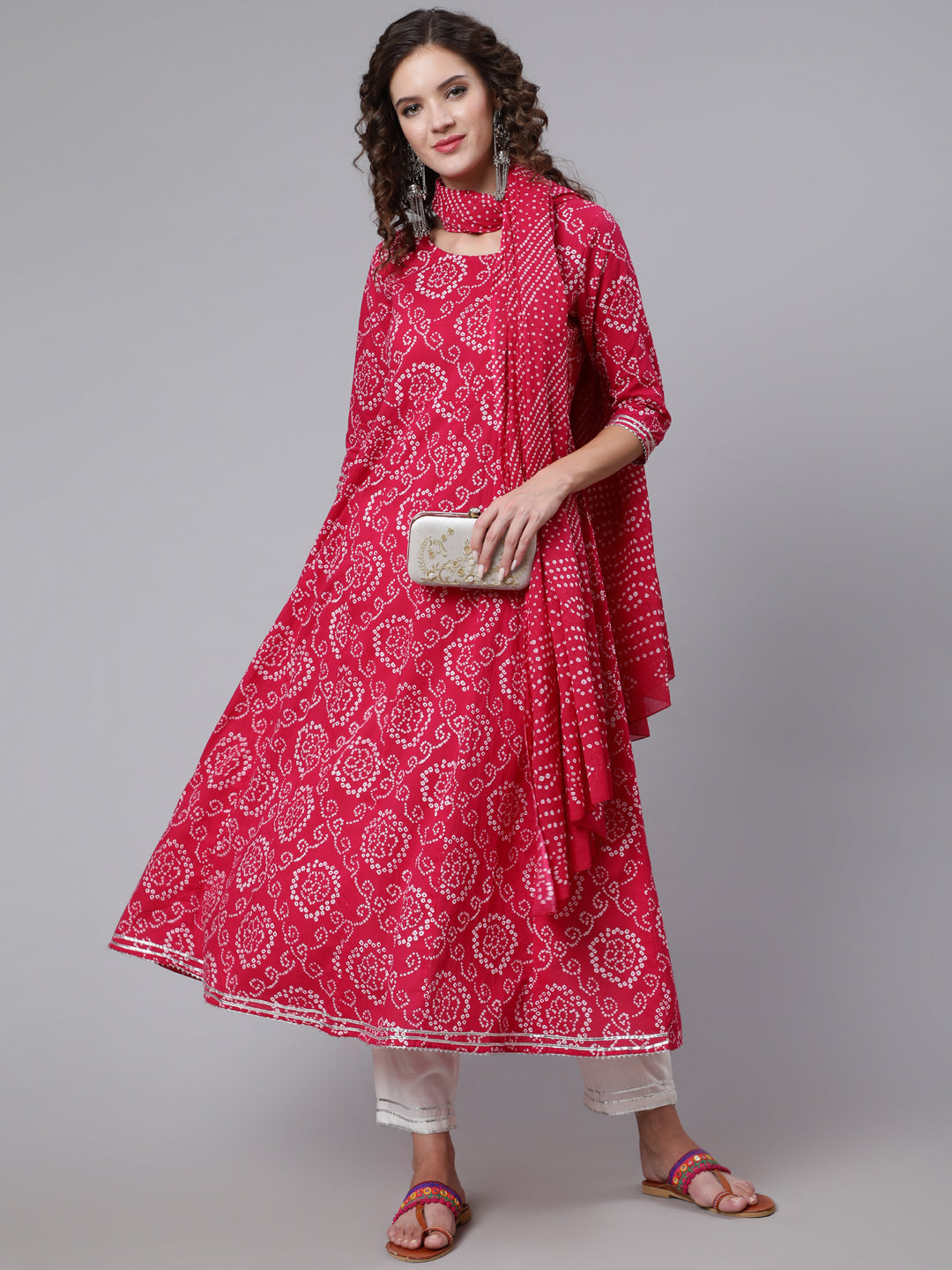 Pink Bandhini Printed Flared Kurta With Trouser With Dupatta
