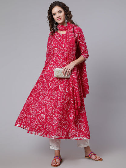 Pink Bandhini Printed Flared Kurta With Trouser With Dupatta