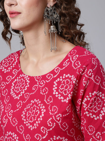 Pink Bandhini Printed Flared Kurta With Trouser With Dupatta
