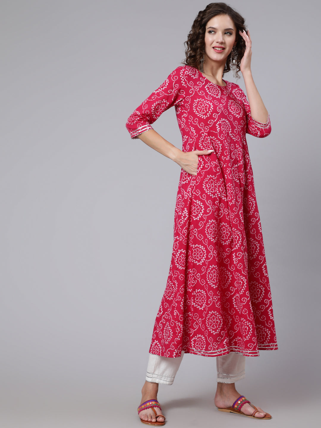 Pink Bandhini Printed Flared Kurta With Trouser With Dupatta