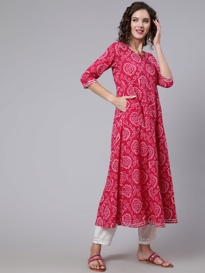 Pink Bandhini Printed Flared Kurta With Trouser With Dupatta