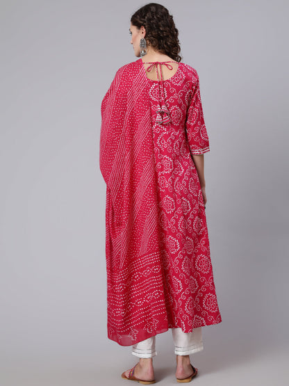 Pink Bandhini Printed Flared Kurta With Trouser With Dupatta