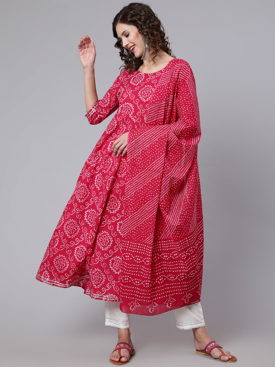 Pink Bandhini Printed Flared Kurta With Trouser With Dupatta