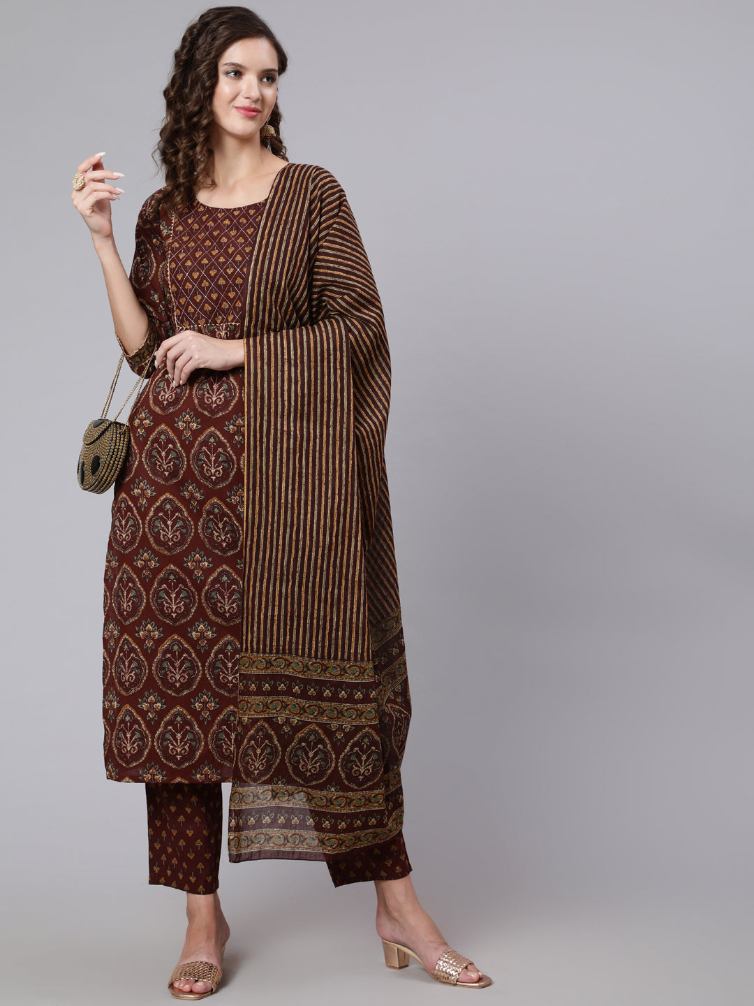 Brown Printed Flared Kurta With Trouser With Dupatta