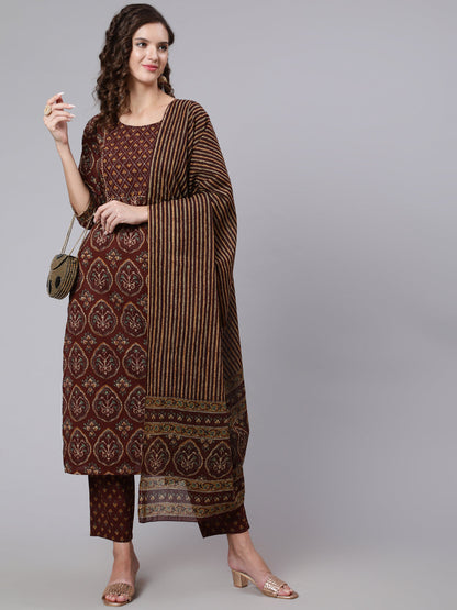 Brown Printed Flared Kurta With Trouser With Dupatta