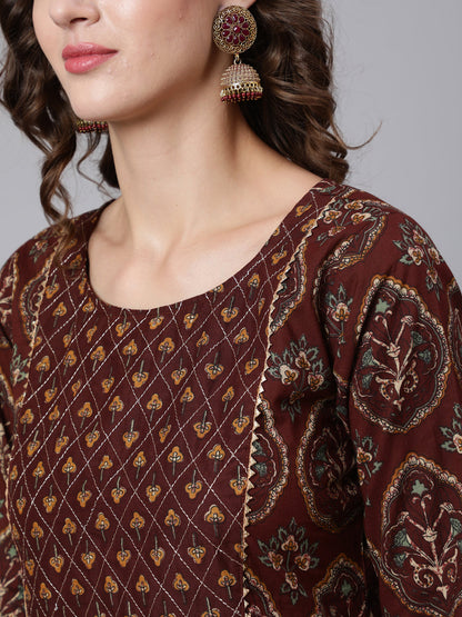 Brown Printed Flared Kurta With Trouser With Dupatta