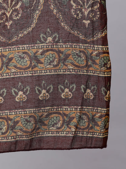 Brown Printed Flared Kurta With Trouser With Dupatta