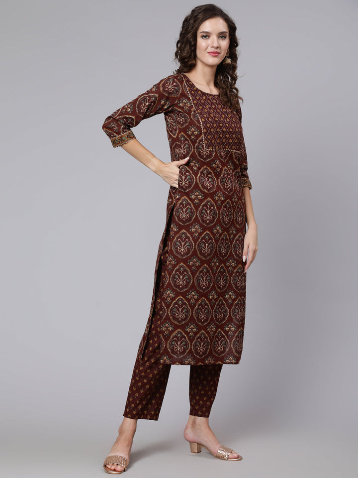 Brown Printed Flared Kurta With Trouser With Dupatta