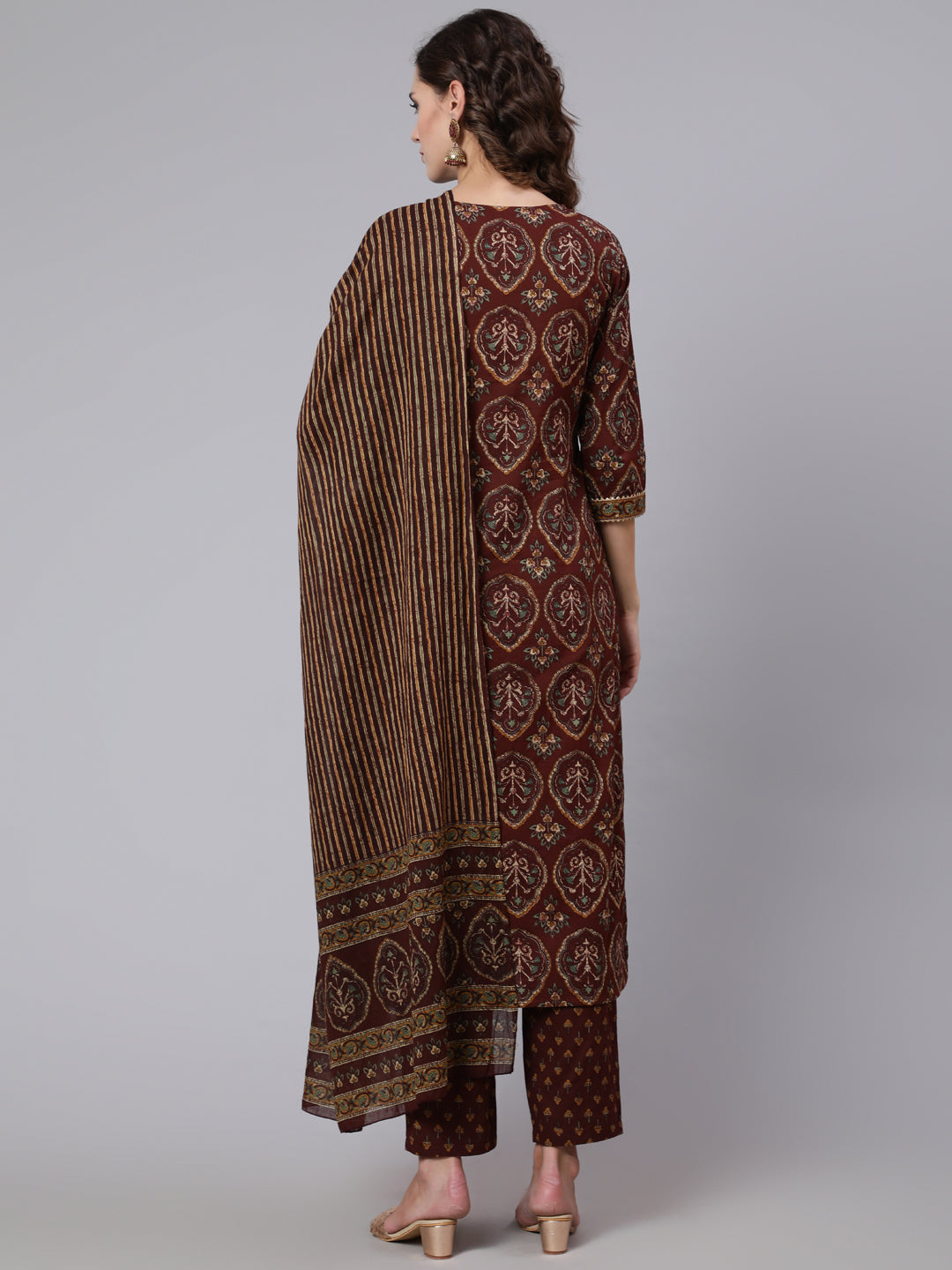 Brown Printed Flared Kurta With Trouser With Dupatta