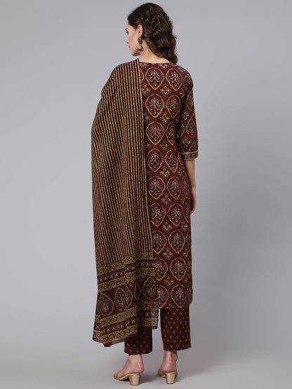 Brown Printed Flared Kurta With Trouser With Dupatta