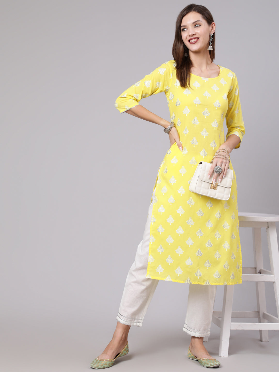 Yellow Printed Straight Kurta With Solid White Palazzo