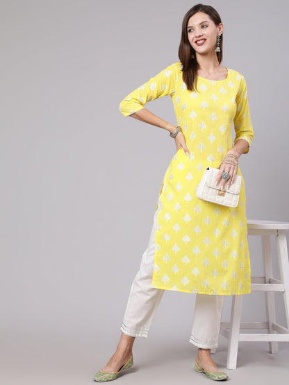 Yellow Printed Straight Kurta With Solid White Palazzo
