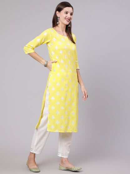 Yellow Printed Straight Kurta With Solid White Palazzo