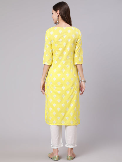 Yellow Printed Straight Kurta With Solid White Palazzo