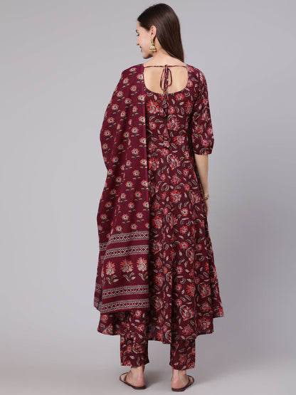 Burgundy Ethnic Printed Flared Kurta With Trouser And Dupatta