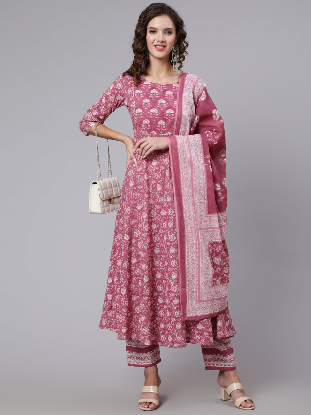 Pink Ethnic Printed Flared Kurta With Trouser And Dupatta