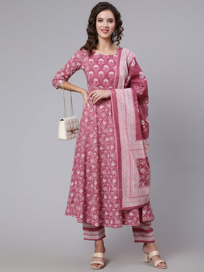 Pink Ethnic Printed Flared Kurta With Trouser And Dupatta