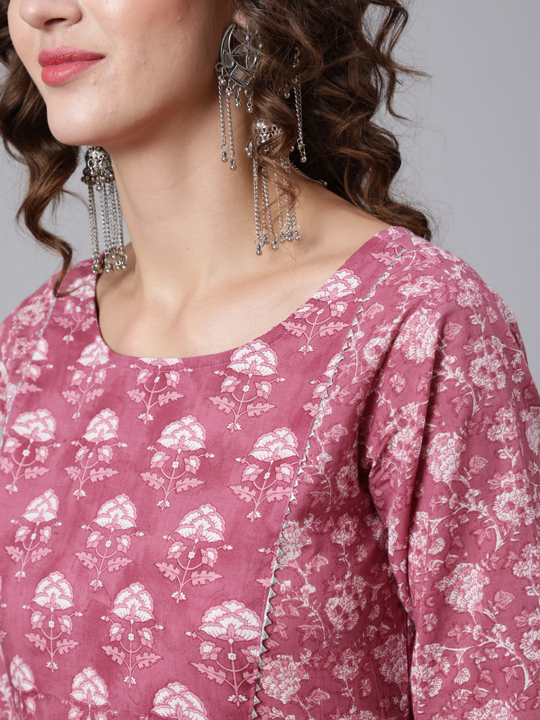 Pink Ethnic Printed Flared Kurta With Trouser And Dupatta