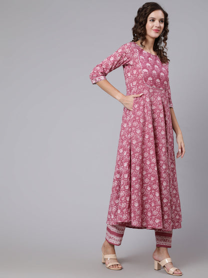 Pink Ethnic Printed Flared Kurta With Trouser And Dupatta