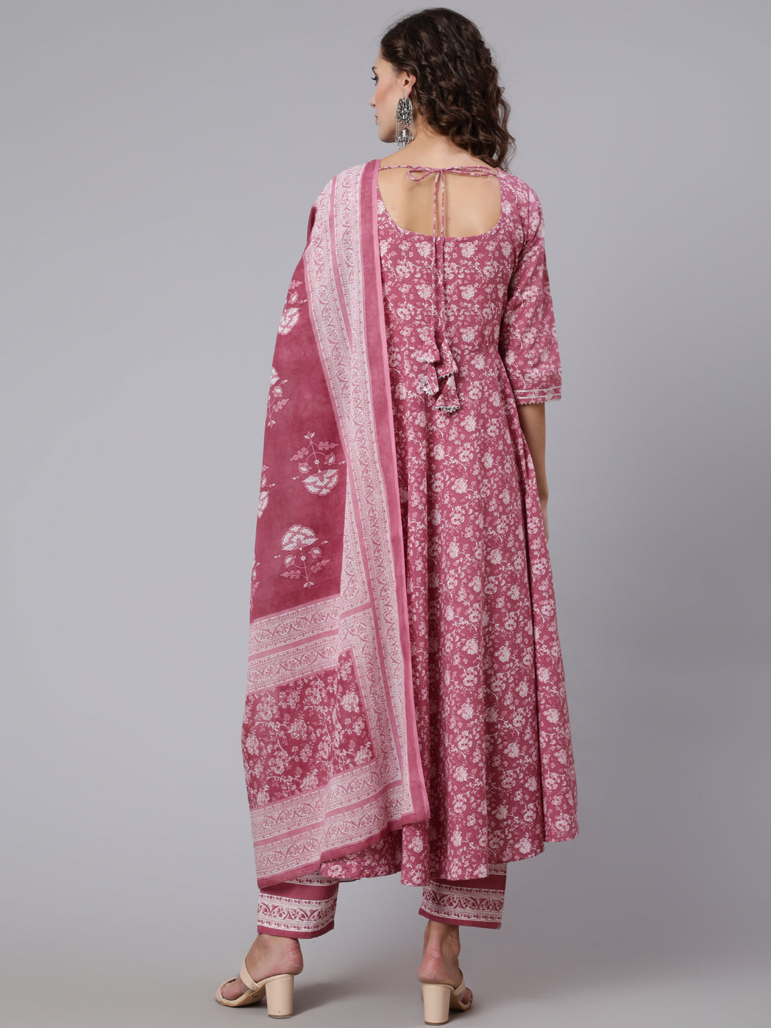 Pink Ethnic Printed Flared Kurta With Trouser And Dupatta